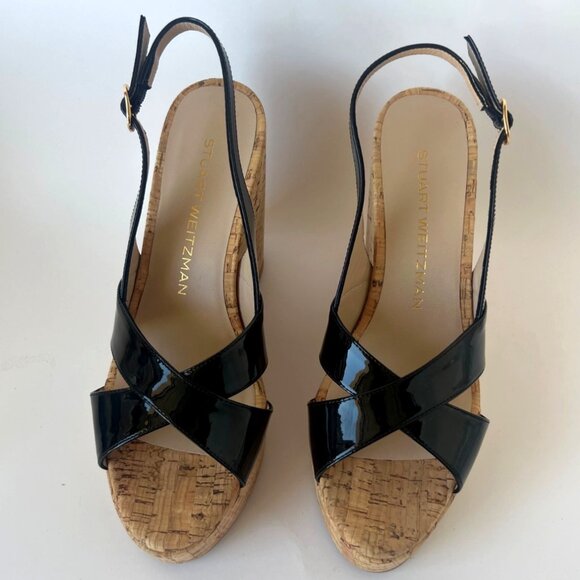 Stuart Weitzman Dayna Wedge Sandals Black Patent Leather Size 37 US6.5B - Picture 6 of 13